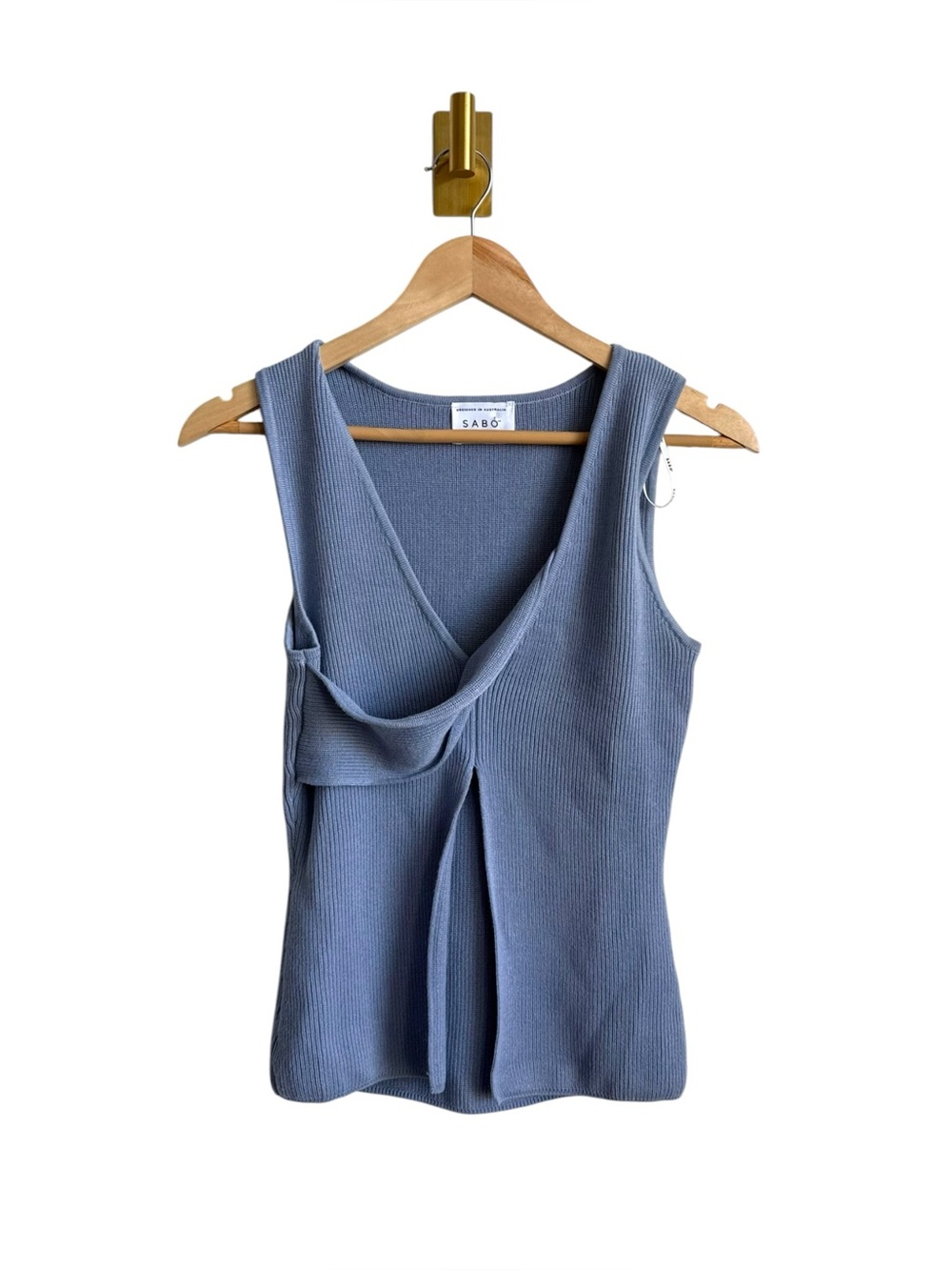 SABO Slate Blue Ribbed Knit Top Deep V Crossover Sleeveless Open Front Size S